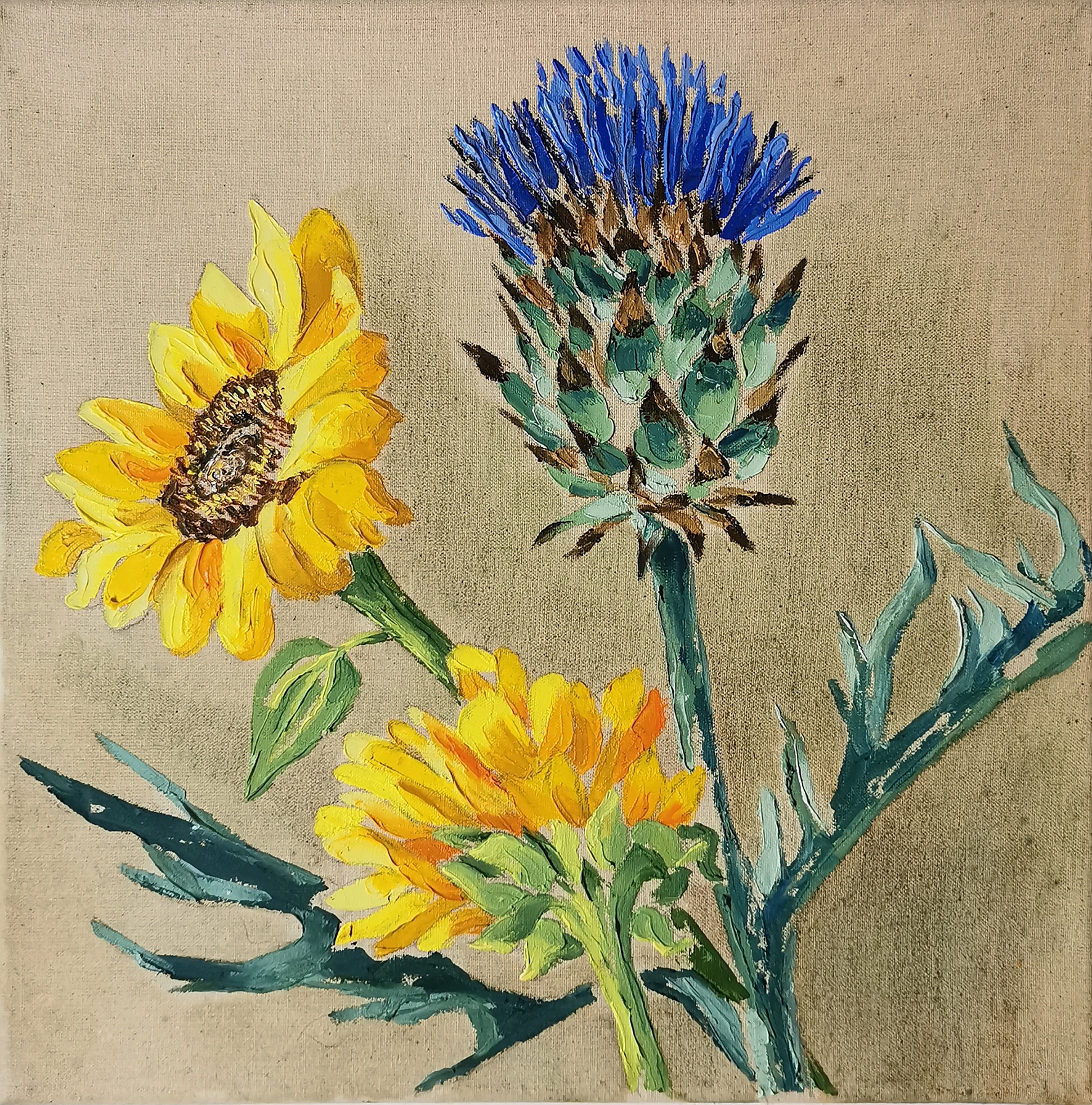 Elisa Zadi, Girasoli e cardo, 2021, olio su tessuto, cm 35×33