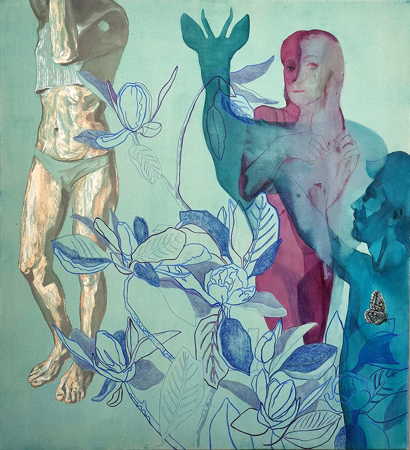 Elisa Zadi, Magnolia Blue, 2023, olio e pigmento su tessuto, cm 110×100-rid-