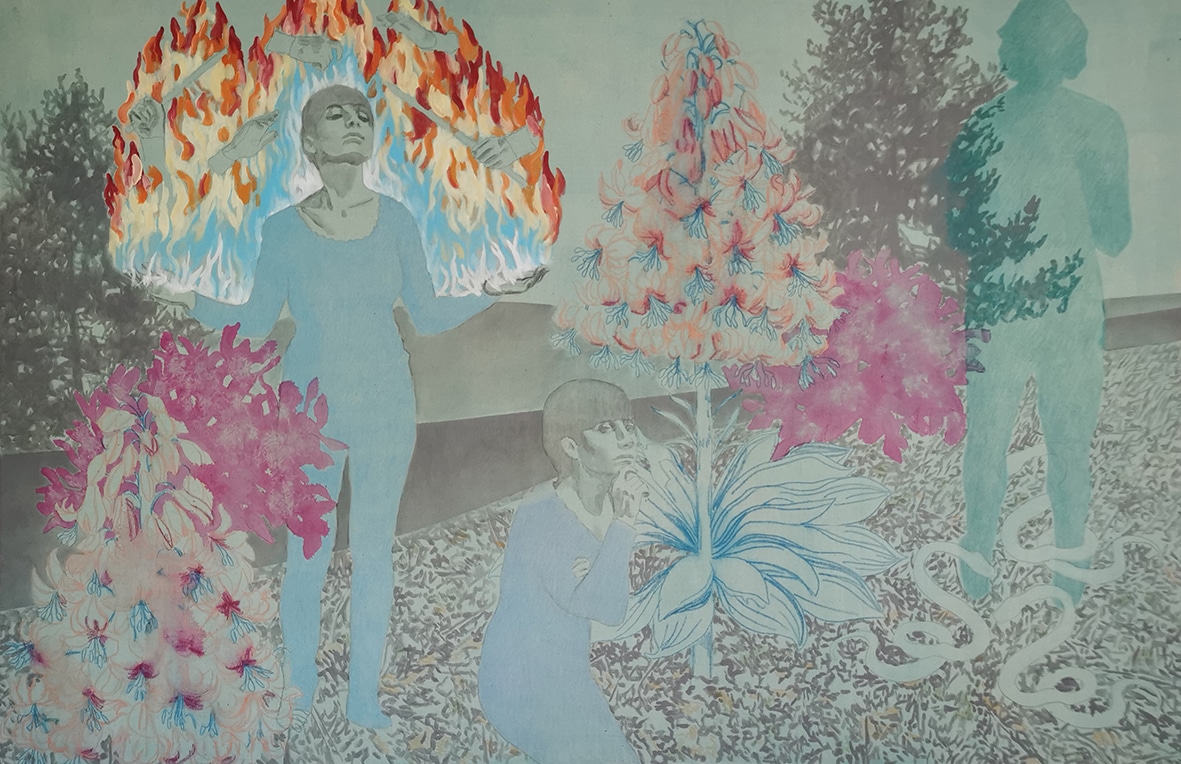 Elisa Zadi, Serpenti, 2024, olio, pastello e pigmento su tessuto, cm 100×165-rid