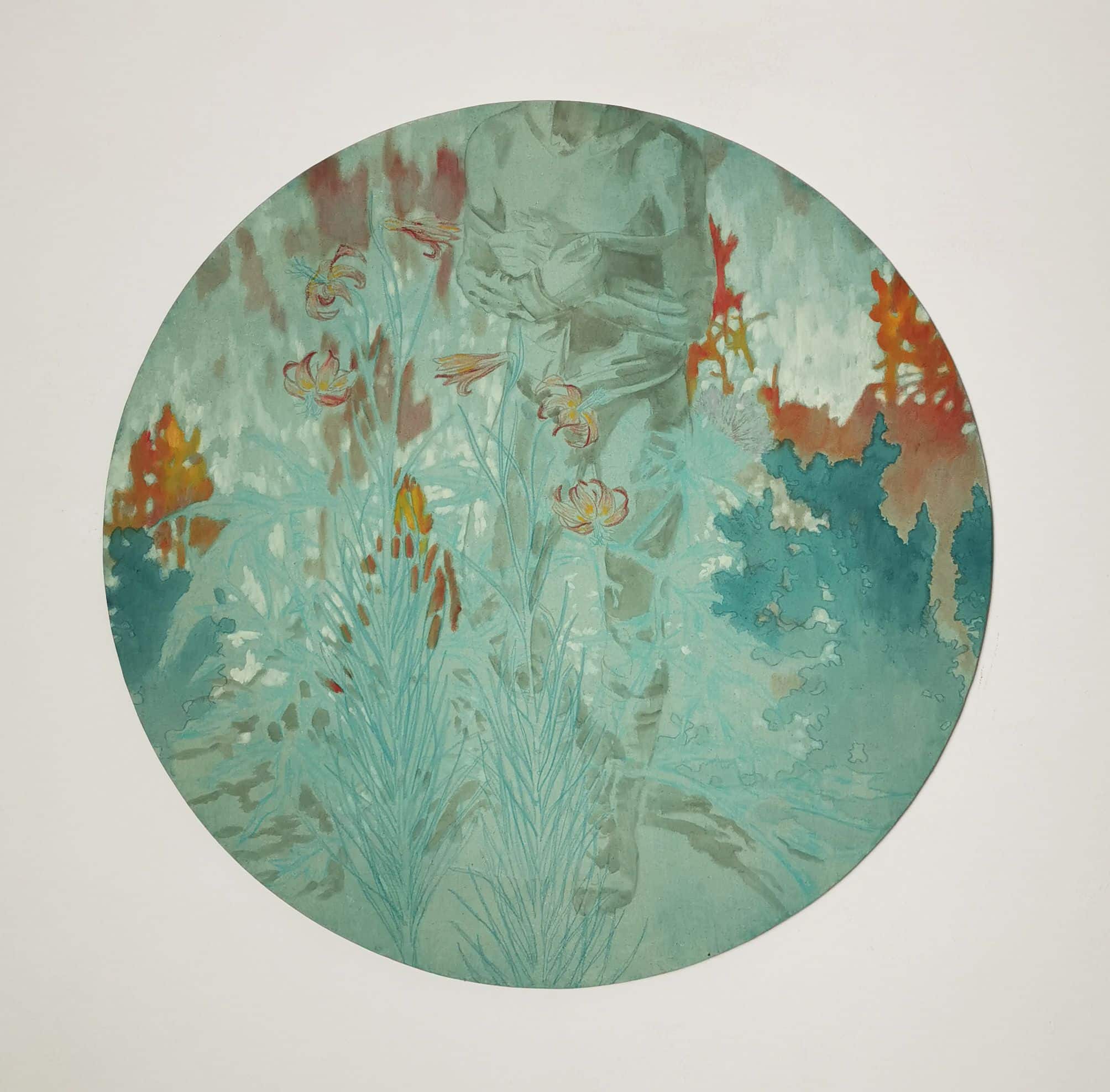 Elisa Zadi, lilium Pomponium, 2024, olio, pigmento e pastello su tessuto, cm 100 diametro_risultato