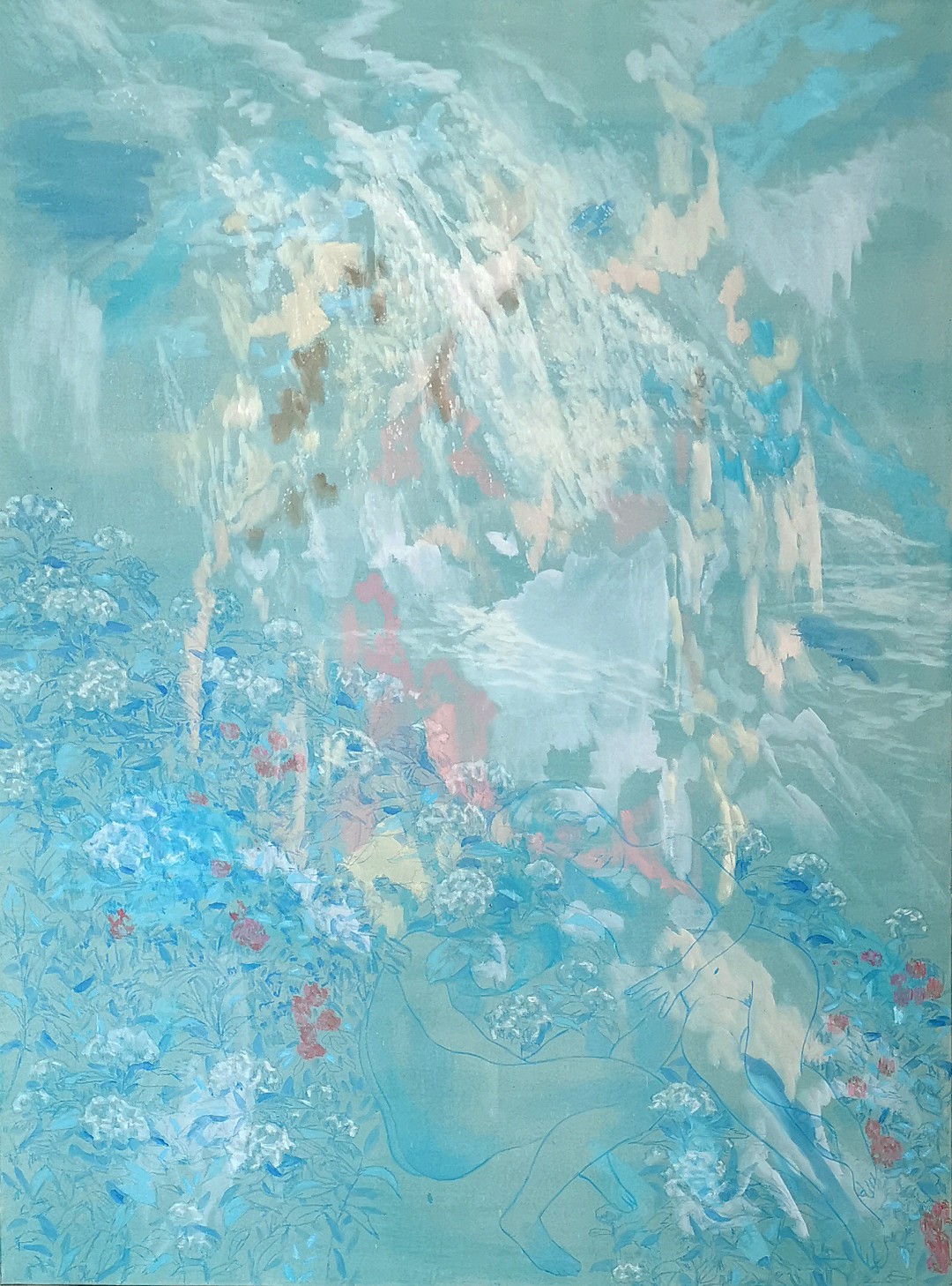 Elisa Zadi, Cascata e Sogni, 2026, olio da pigmento e pastello su tessuto, cm 200×150- (Grande)